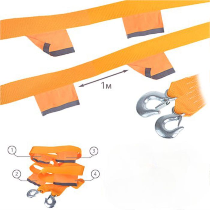 Трос буксирувальний 6т стрічка 60мм х 5м помаранчевий(/2 гаки,прапорці,сумка)
