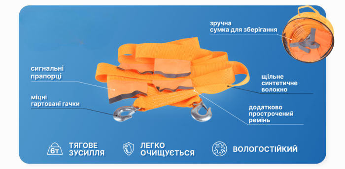 Трос буксирувальний 6т стрічка 60мм х 5м помаранчевий(/2 гаки,прапорці,сумка)